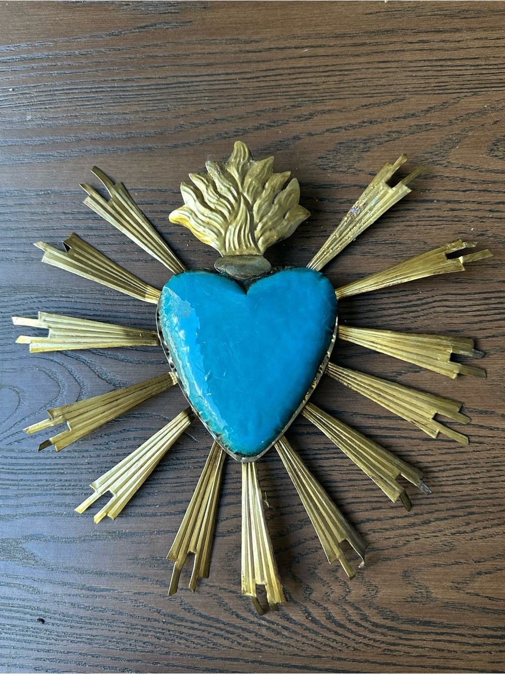 Mexican Decor Turquoise Heart Sunburst Wall Decor - Metal Sacred Heart Accent